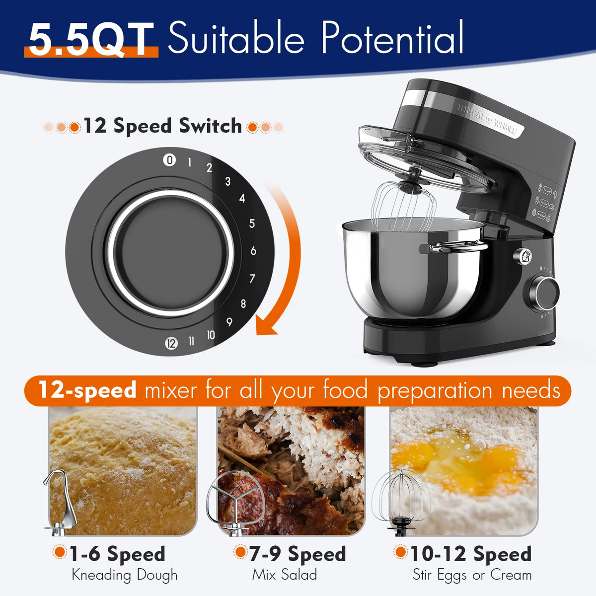 WHALL Kitchen Mixer, 12-Speed Tilt-Head Electric Stand Mixer – With Dough Hook, Wire Whip & Stainless Steel Bowl