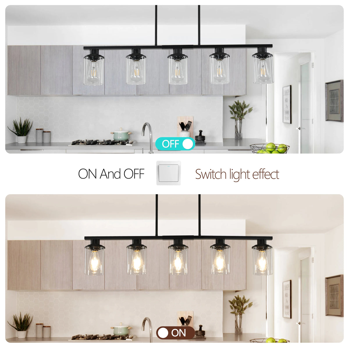 Chandelier Dining Table 5-Light Kitchen Island Pendant Light, Modern Chandelier Light with Clear Glass Shades, Matte Black Iron
