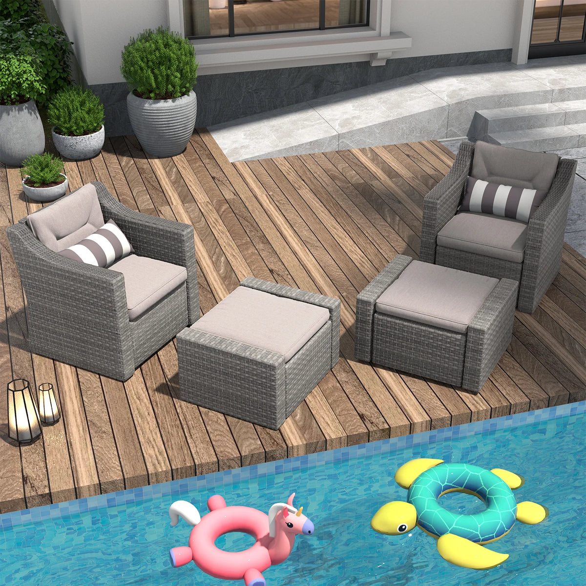 4-Piece Outdoor Patio Furniture Set, All-Weather Wicker Rattan Sectional Conversation Chairs with Cushions & 2 Ottomans, Weather Resistant for Backyard, Poolside, Porch – Patio Furniture Set, Outdoor Furniture, Patio Furnit