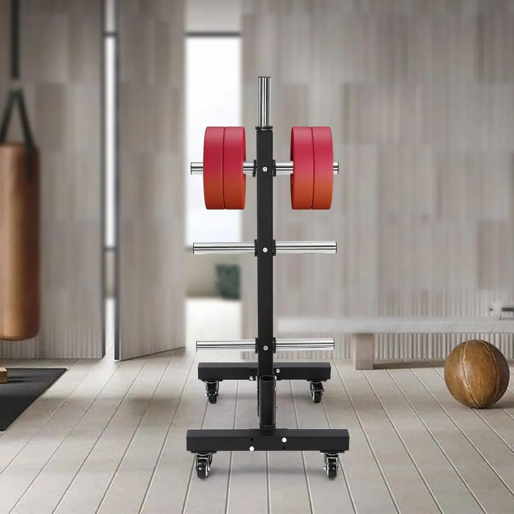 Movable Weight Plate Dumbbell Rack Storage Tree 57inch 1100lbs Capacity Heavy Duty Weight Plate Holder with 4 Universal Wheels