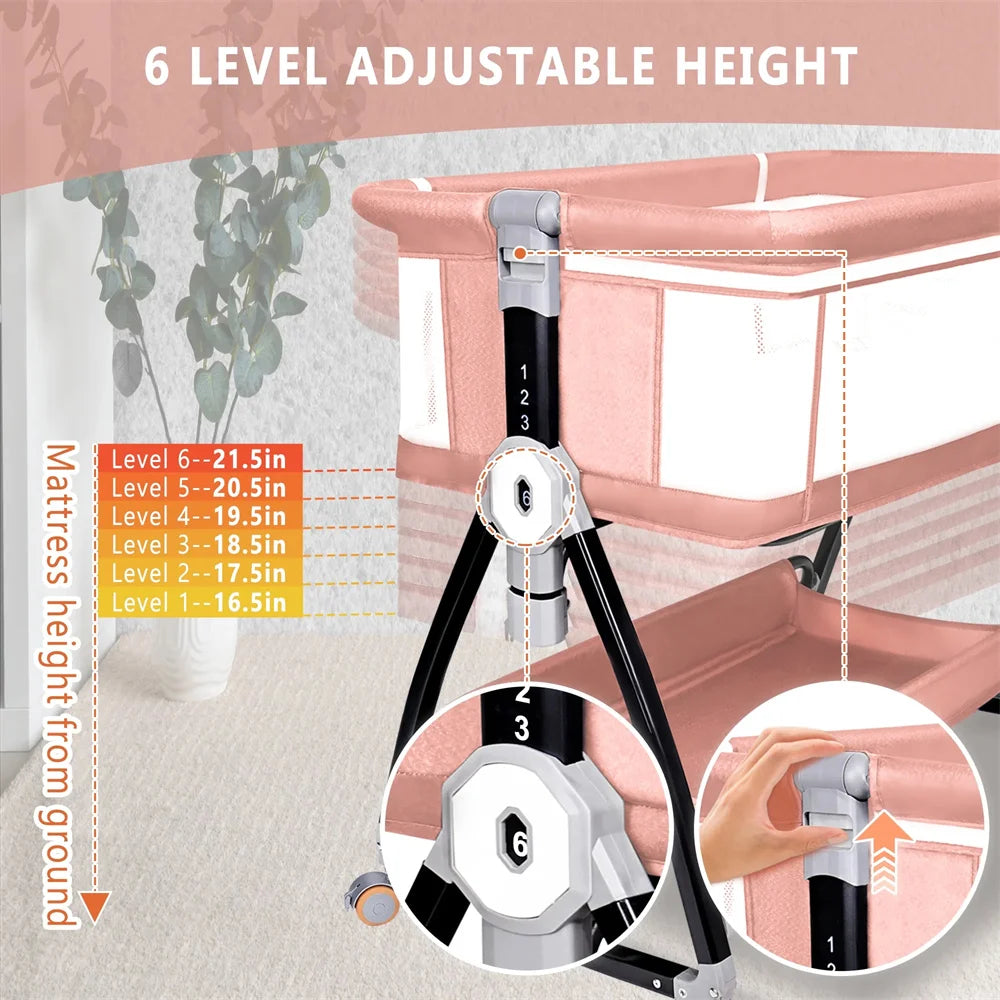 Baby Bassinet, HDJ Baby Bedside Sleeper Bassinet with 360° Wheel, Portable Infant Bed Side Crib for 0-6 Months, Pink