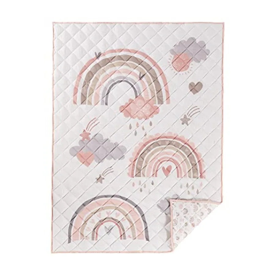 - Over The Rainbow 4-Piece Baby Bed Set - Pink Grey Taupe Tan and Coral - Includes Reversible Quilt Rainbow Fitted Sheet Pink F
