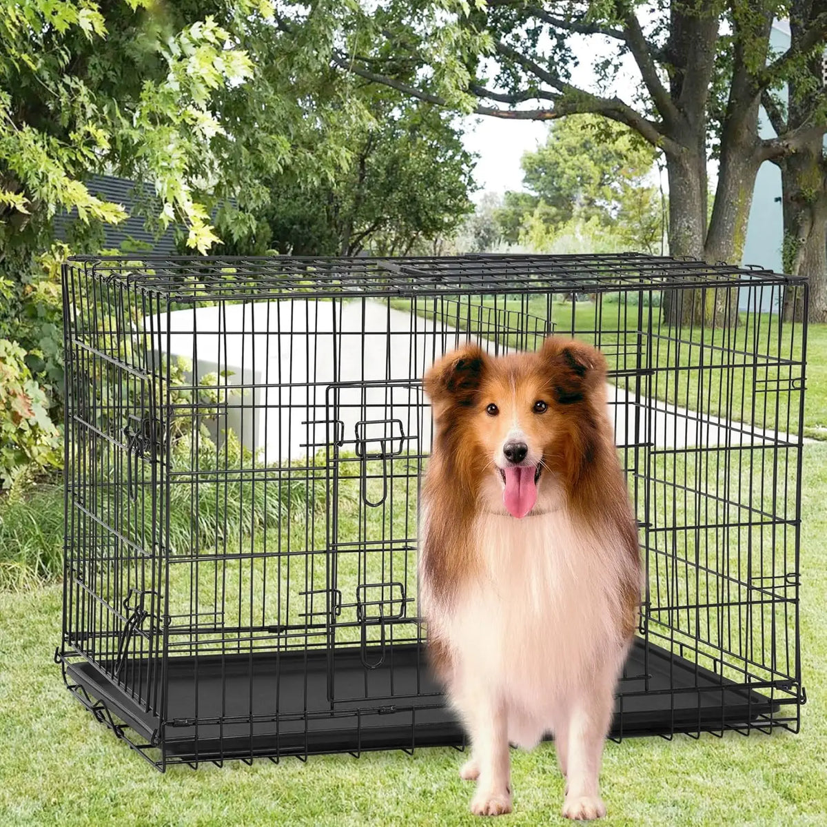 Extra Large Dog Crate Dog Kennel Cage with Double Door,48 inch Folding Metal Wire Dog Cage with Removable Tray&Divider P