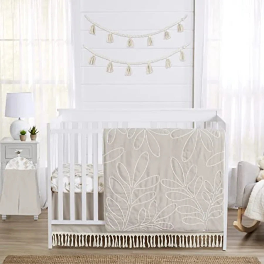 4-Piece Baby Crib Bedding Set Woodland Boho Leaf for Girls Infants/Nursery incl. Blanket Fitted Sheet Skirt Diaper Stacker (Neu