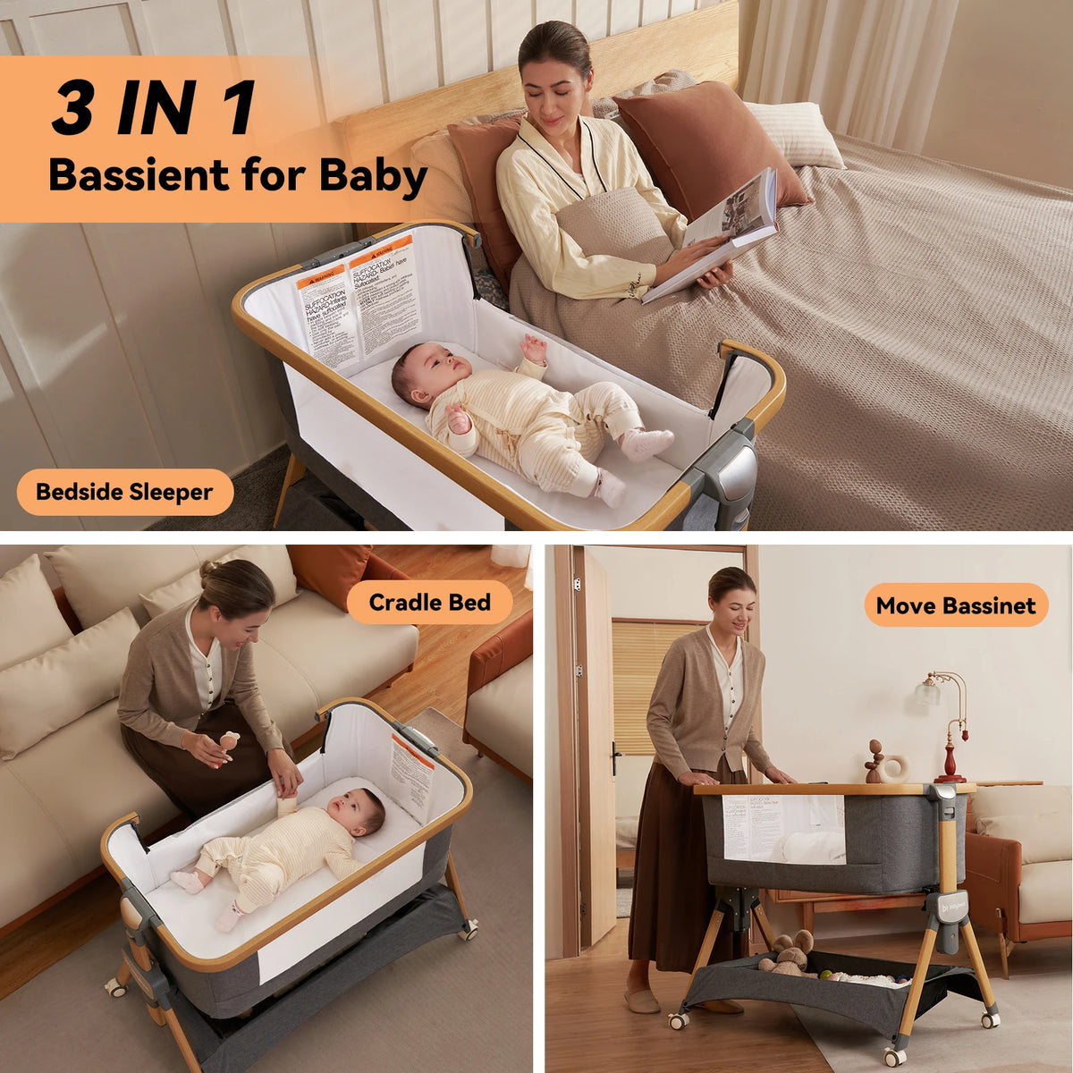 Cozy2 Baby Bedside Bassinet Sleeper Portable Travel Bassinet with Bigger Wheels 3 in 1 Bassinet Crib with Mattress, Storage Bask