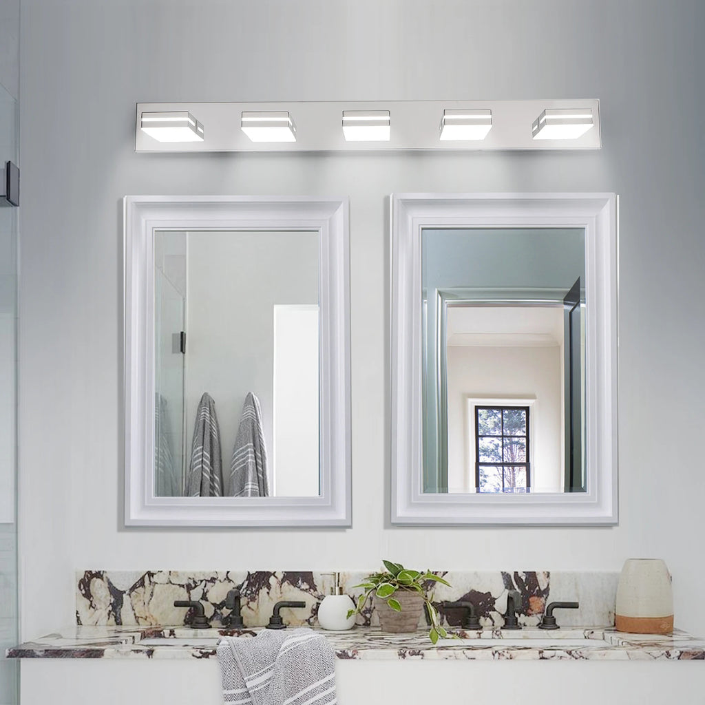 Modern Chrome LED Vanity Light, 5-Lights Wall Sconce for Bathroom and Mirror, Sleek Minimalist Design, Energy-Efficient