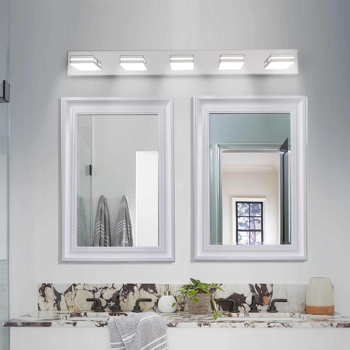 Modern Chrome LED Vanity Light, 5-Lights Wall Sconce for Bathroom and Mirror, Sleek Minimalist Design, Energy-Efficient