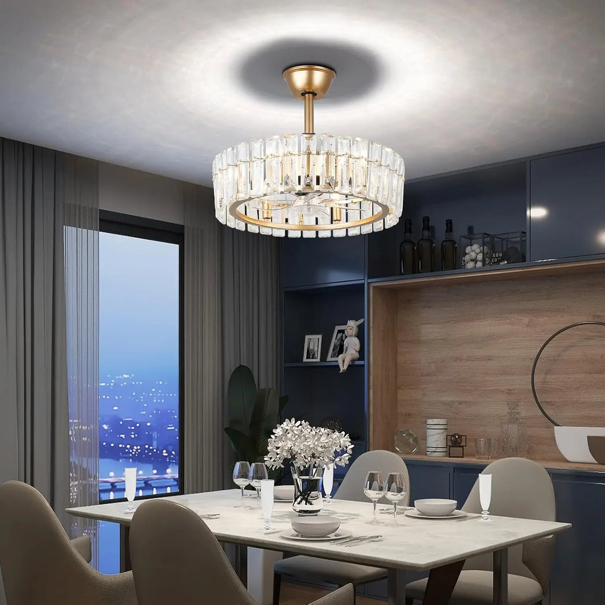 20.7" Modern Crystal Ceiling Fan with Light and Remote,Low Profile Flush Mount Ceiling Fan Gold Chandelier Ceiling Fans 6 Speeds