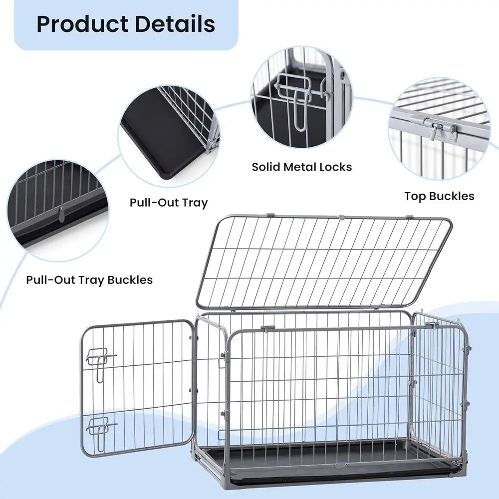 36 Inch Metal Dog Crate with Double Door, Foldable, Removable Tray, Suitable for Medium Dogs, Indoor/Outdoor, Silver Gray