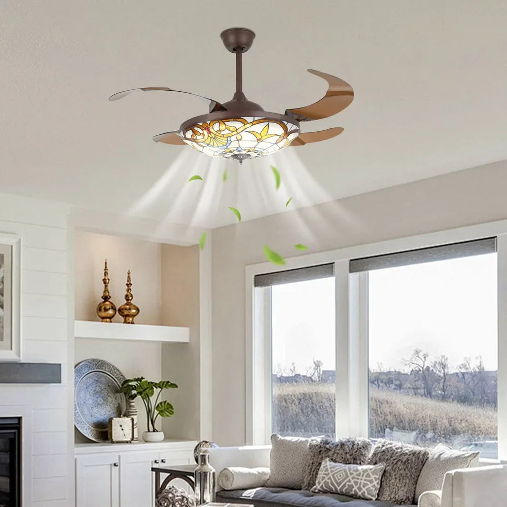 2in Tiffany Ceiling Fan Lamp Retractable Blades Invisible Fan LED Light Remote Control Lighting Color Changes & Speed Settings