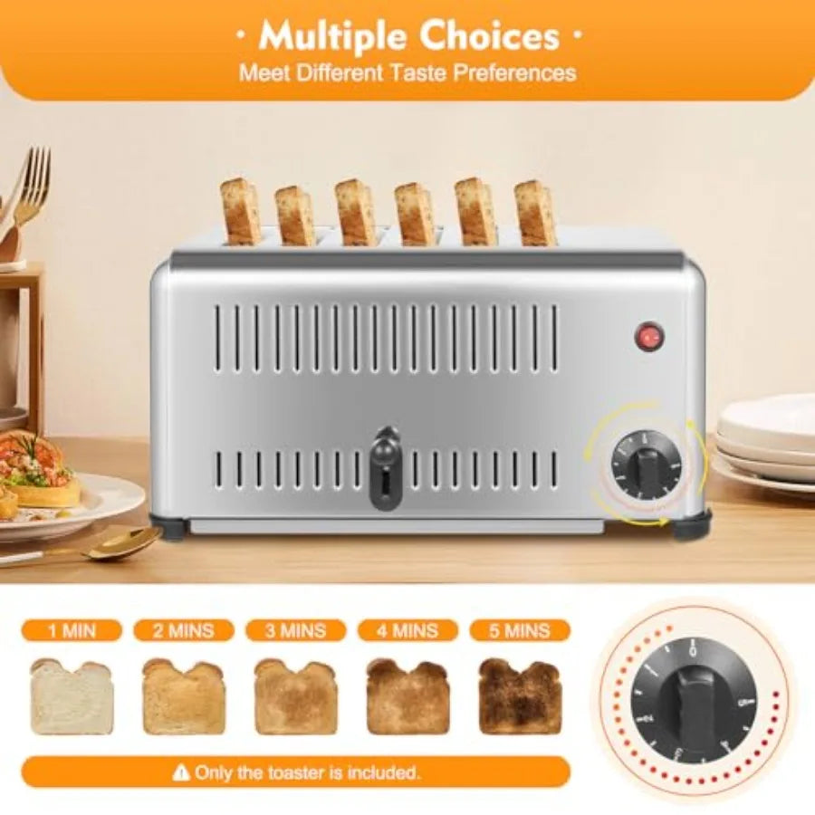 6-Slice Pop-up Bread Baking Machine Electric Countertop Toaster with Stainless Steel Wide Slots and 1-5 Minute Timer for Home R