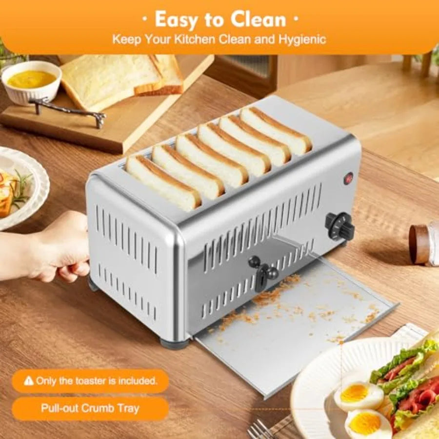 6-Slice Pop-up Bread Baking Machine Electric Countertop Toaster with Stainless Steel Wide Slots and 1-5 Minute Timer for Home R