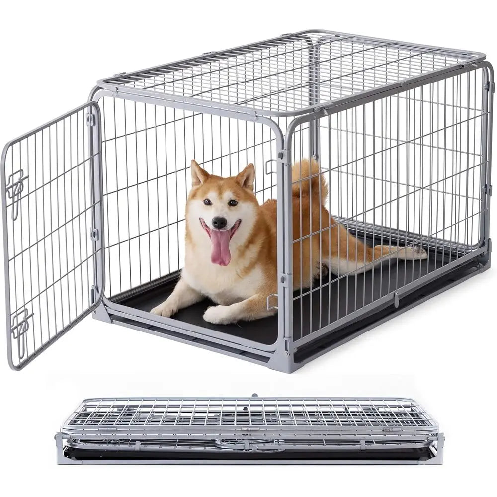 36 Inch Metal Dog Crate with Double Door, Foldable, Removable Tray, Suitable for Medium Dogs, Indoor/Outdoor, Silver Gray