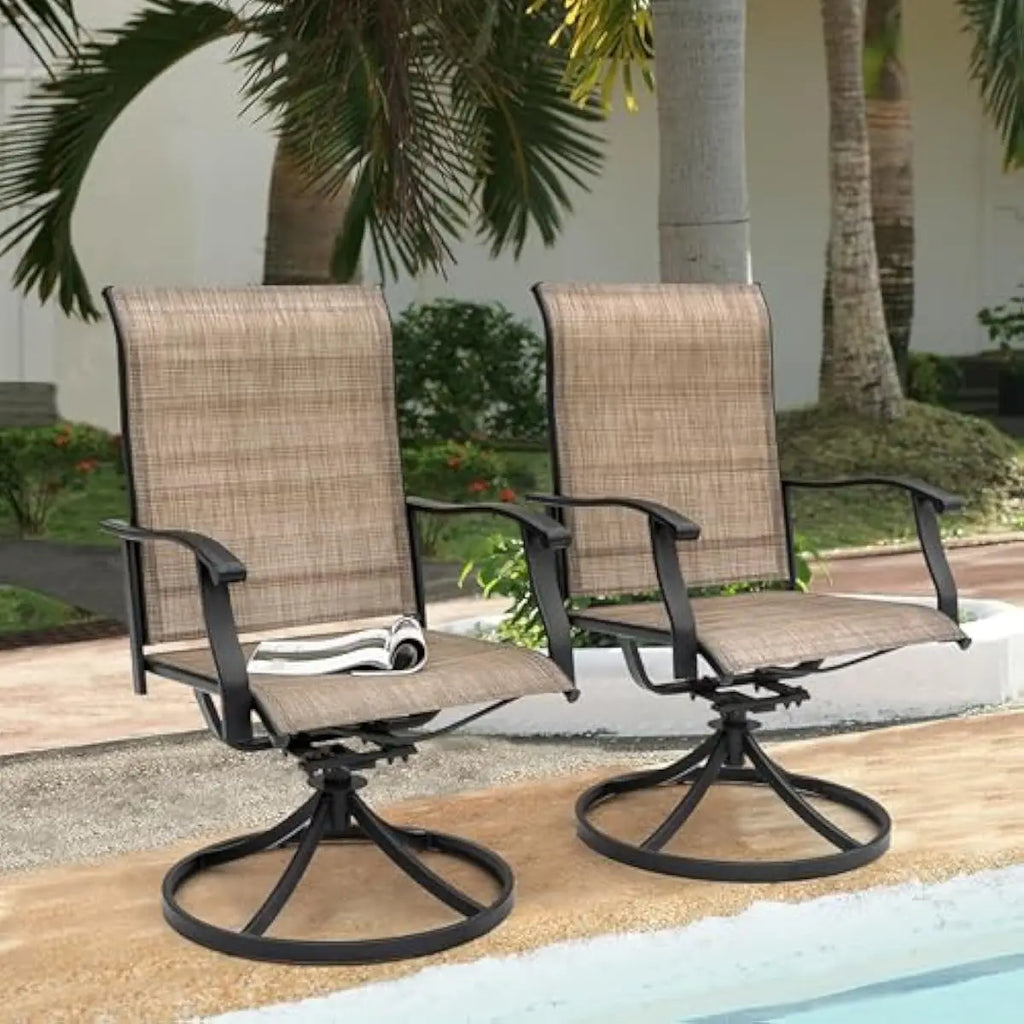Outdoor swivel dining chairs set of two with 360-degree rotation and gentle rocking motion ideal for patios decks gardens balcon