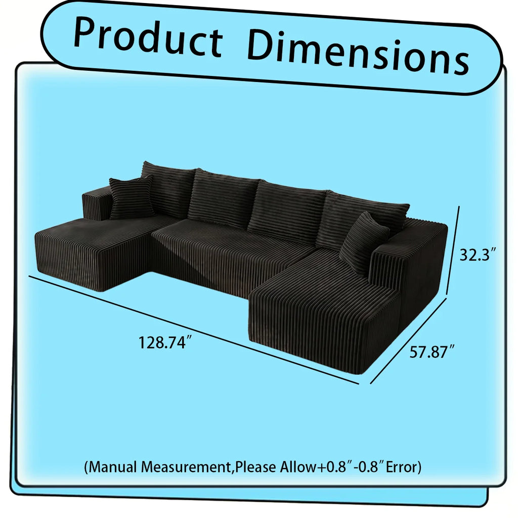 128" Boneless Modular Sectional Cloud Sofa, U-Shaped Double Chaise, Deep Seat, with 8 Free Throw Pillows for Living Room