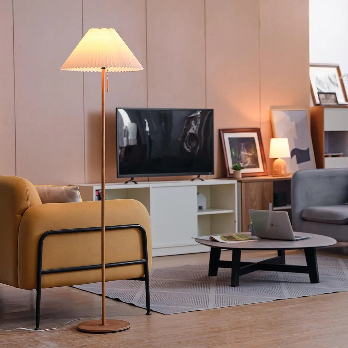 62" Modern Floor Lamp with Wood-Toned Base and Pleated Shade, Pull Chain Switch for Living Room or Bedroom Lighting