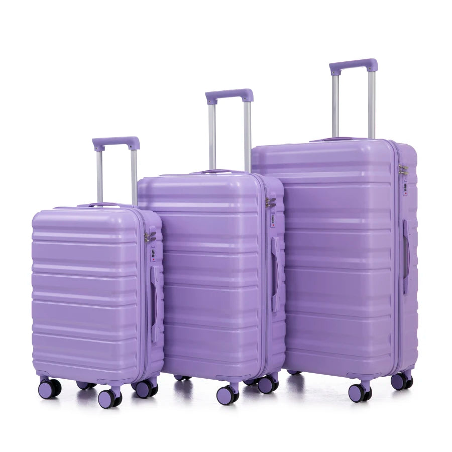 Tourist carry-on luggage set for travel, ABS material, blue+purple matching colors, spinner wheels and combination lock