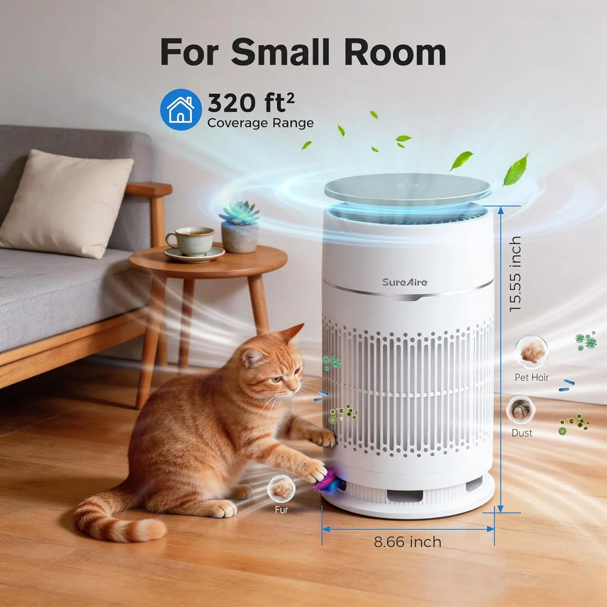 Cat Air Purifier with HEPA Filter, Desktop for Pet Hair Dander Odors, 360° Intake