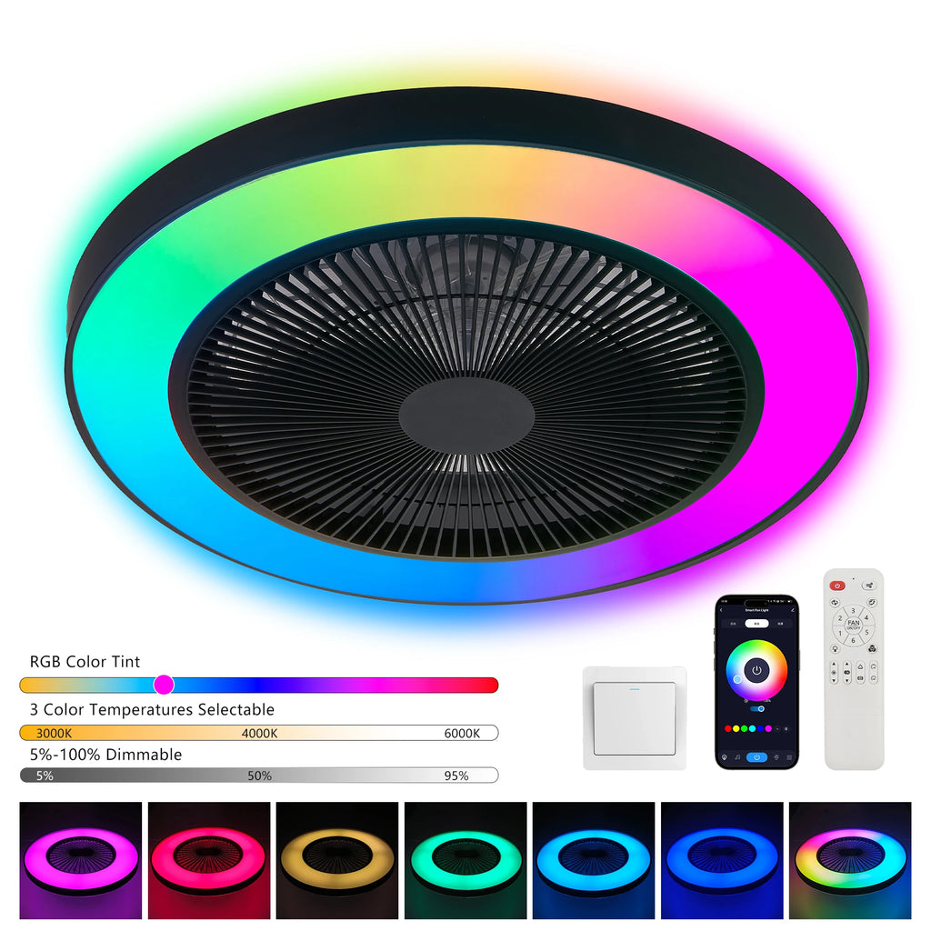 19" LED Ceiling Fan Light Smart RGB Lights with Remote & APP Control Black Kit Flush Mount Enclosed Bladeless Ceiling Fan
