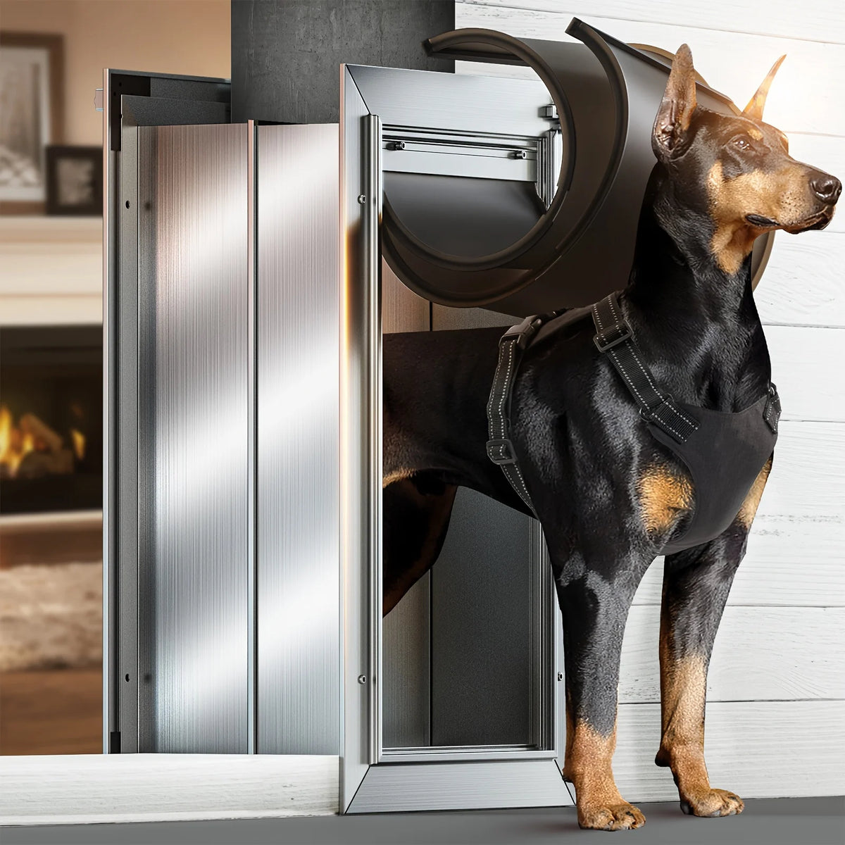 Heavy-Duty All-Aluminum Dog Door for Wall Suitable for Pets Up to 110 Lbs, Magnetic Sliding Lock Panel & Telescoping Tunnel, Double Magnetic Flaps Energy-Efficient Pet Door with Lockable Panel for /Outdoor Use (No Installatio