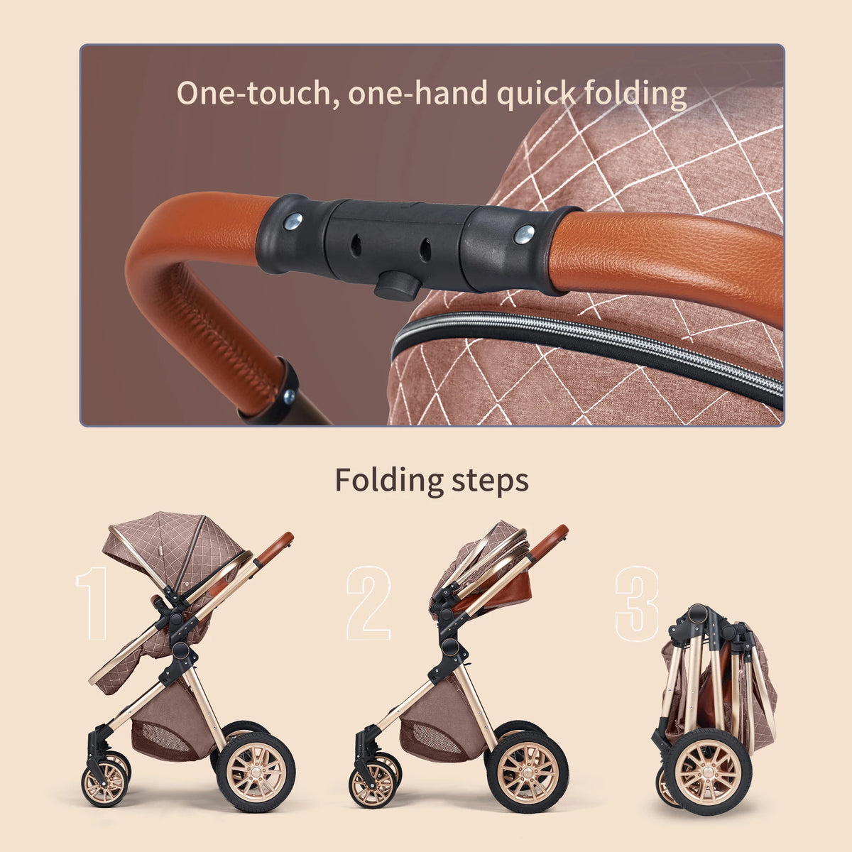 3 in 1 Luxury Pram High Landscape Baby Stroller with Reversible Seat Folding Pushchair for 0-36 Months Kids