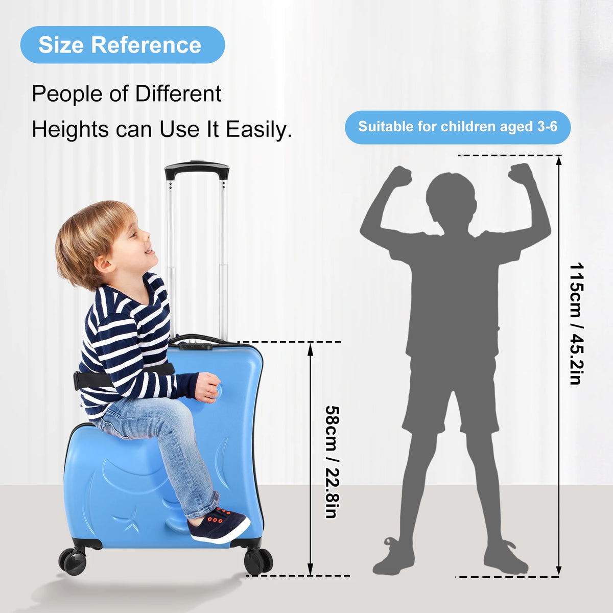 20in Kids Ride-On Luggage, Toddler Luggage Seat, Kids Travel Suitcase with Safety Belt, Wheels for Toddlers, (Blue, Caeey-On)