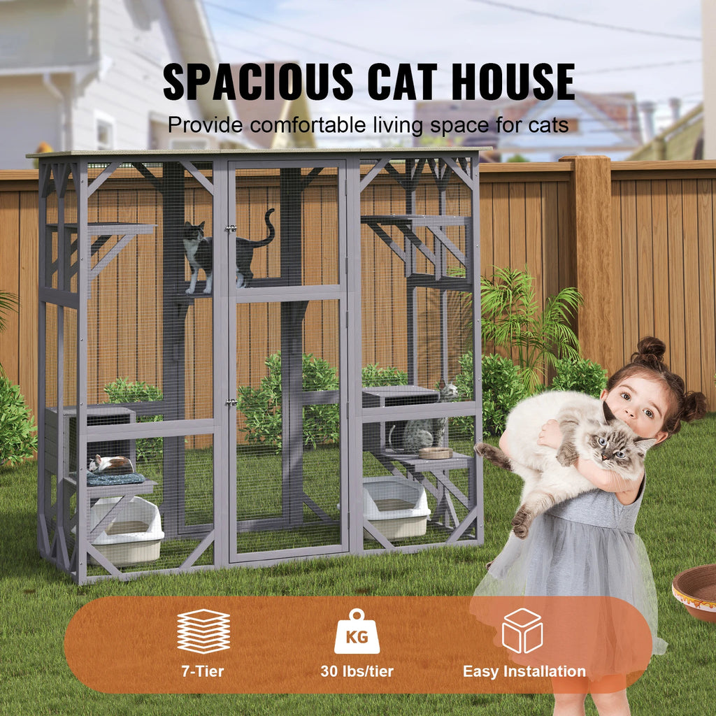 SucceBuy Cat House Outdoor 71.2x34.6x66.5 in 7-Tier Large Catio Cat Enclosure with 5 Platforms 2 Resting Boxes Large Front Door