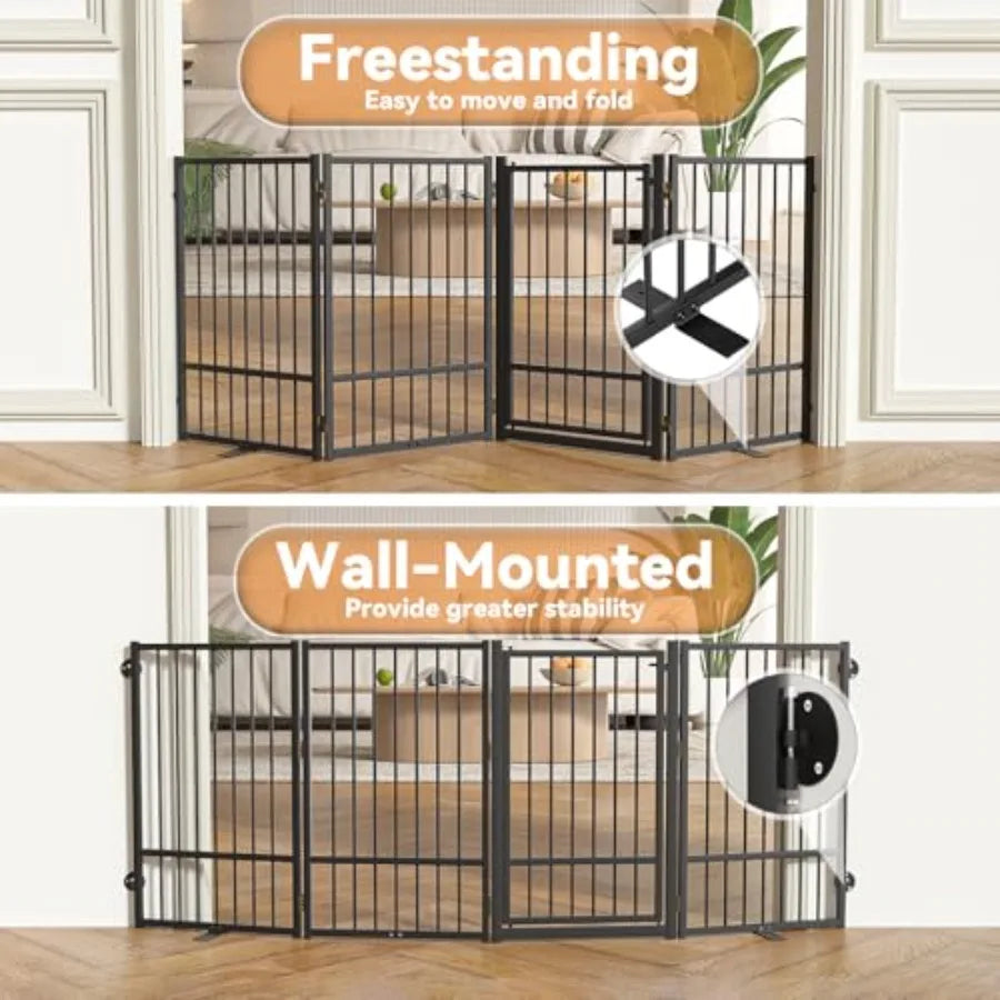 Full Metal Freestanding Dog Gate with Door 32''Height Foldable Pet Dog Fence for Indoor and Outdoor 4 Panels Extra Wide Free St