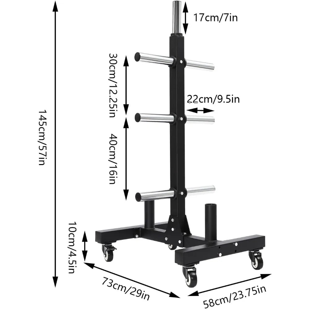 Movable Weight Plate Dumbbell Rack Storage Tree 57inch 1100lbs Capacity Heavy Duty Weight Plate Holder with 4 Universal Wheels