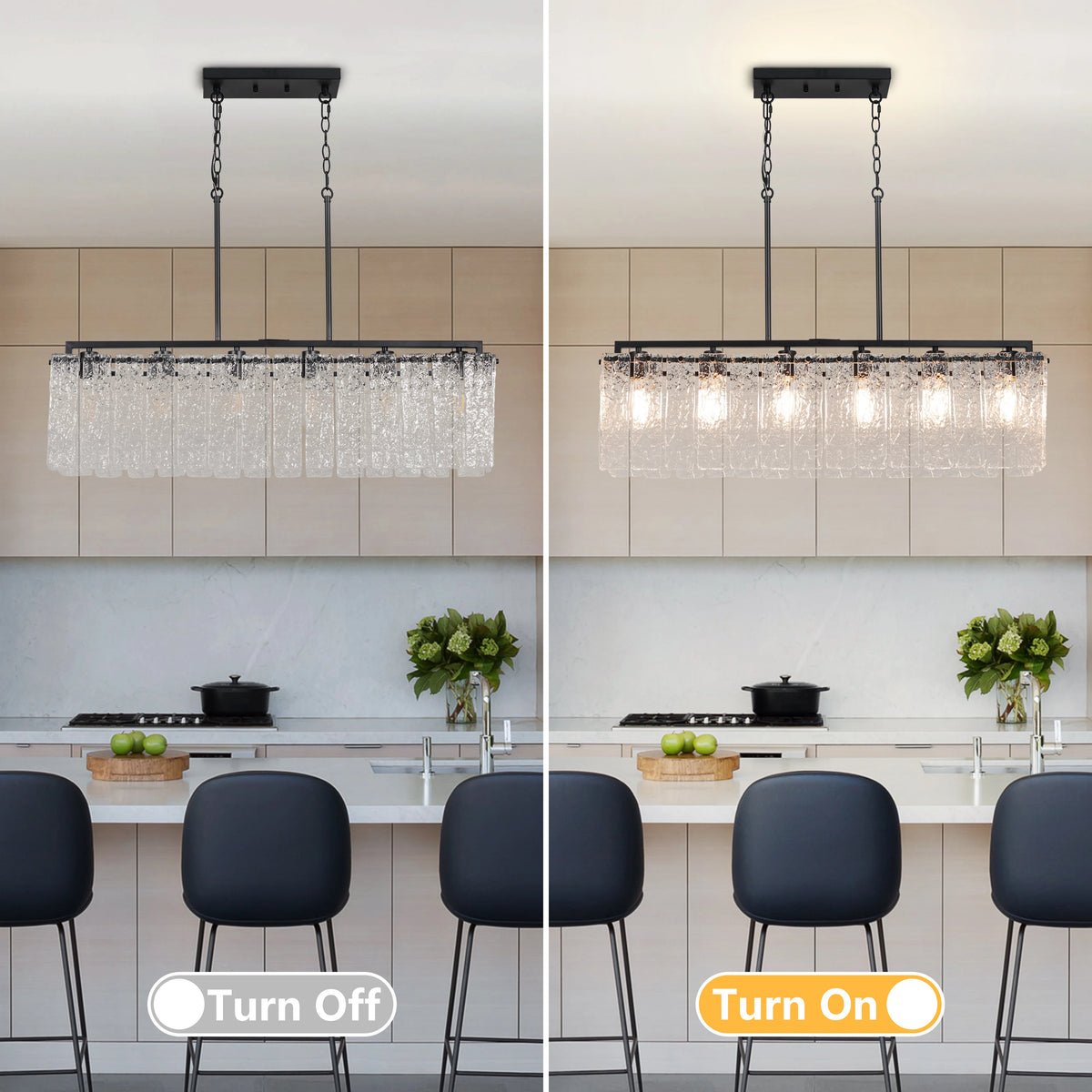 Rectangle Chandeliers for Dining Room 37" Water Ripple Glass Island Light Fixture Kitchen Island Lighting Adjust Height