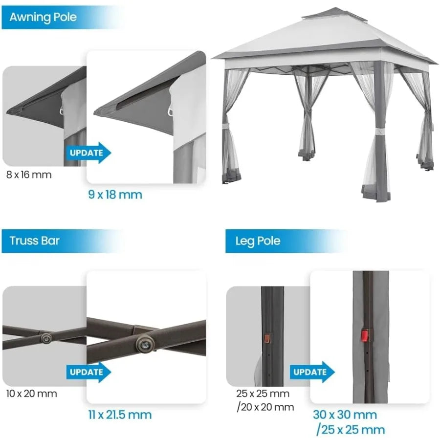 11x11 Pop Up Gazebo Double-Tier Canopy Tent w/Mesh Netting, Gray