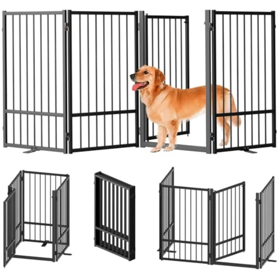 Full Metal Freestanding Dog Gate with Door 32''Height Foldable Pet Dog Fence for Indoor and Outdoor 4 Panels Extra Wide Free St