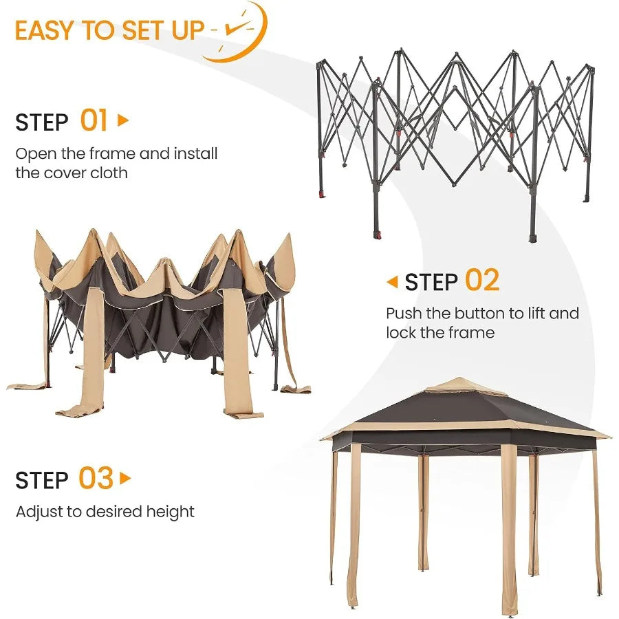 13x13 Pop Up Gazebo Double-Tier w/Mesh Netting Patio Canopy Brown