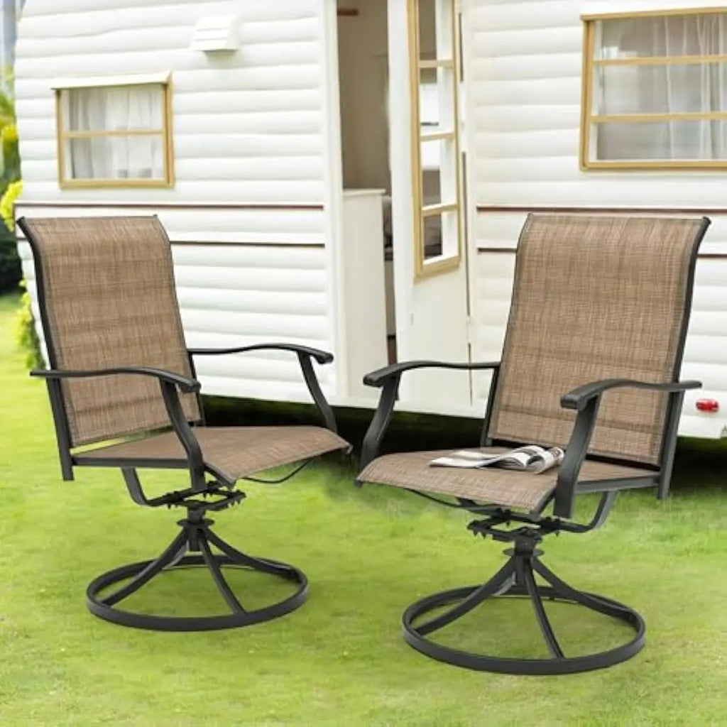 Outdoor swivel dining chairs set of two with 360-degree rotation and gentle rocking motion ideal for patios decks gardens balcon