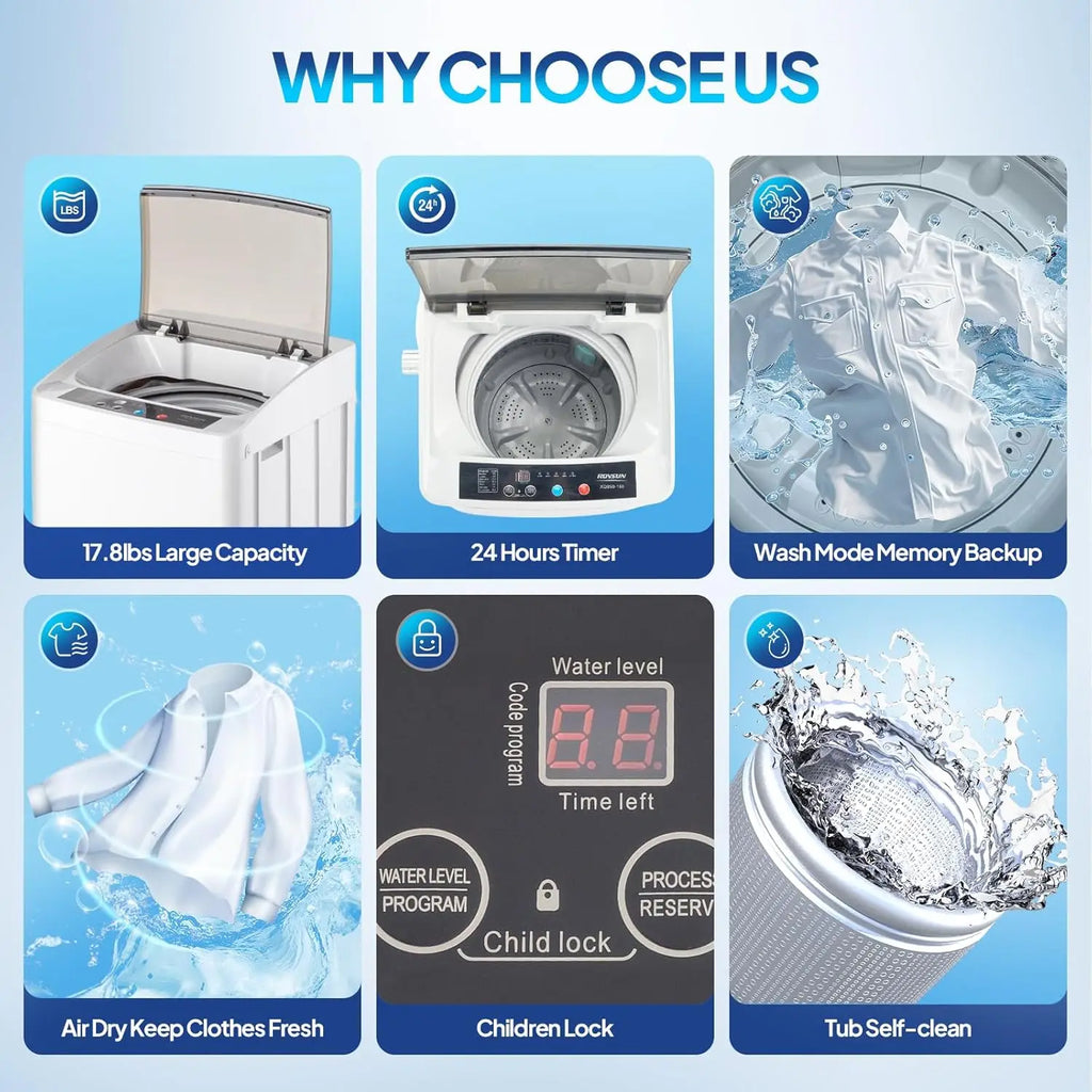 Laundry Machine with Stainless Steel Drum, Compact Washer and Spin Dryer Combo with Drain Pump for Apartment, Dorm, Home