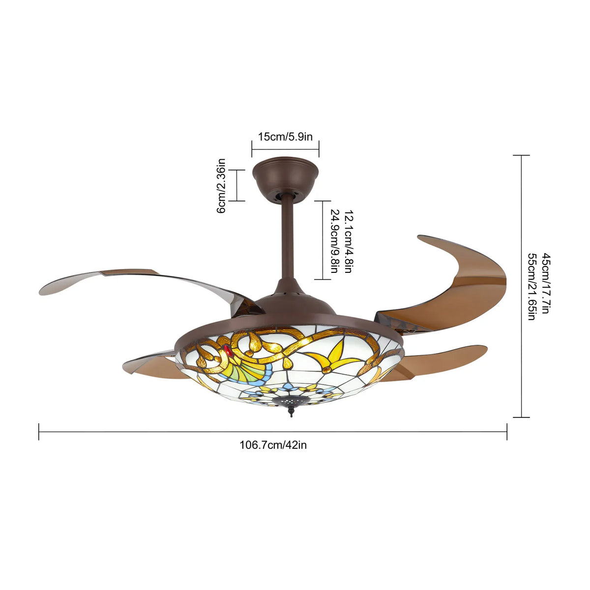 2in Tiffany Ceiling Fan Lamp Retractable Blades Invisible Fan LED Light Remote Control Lighting Color Changes & Speed Settings