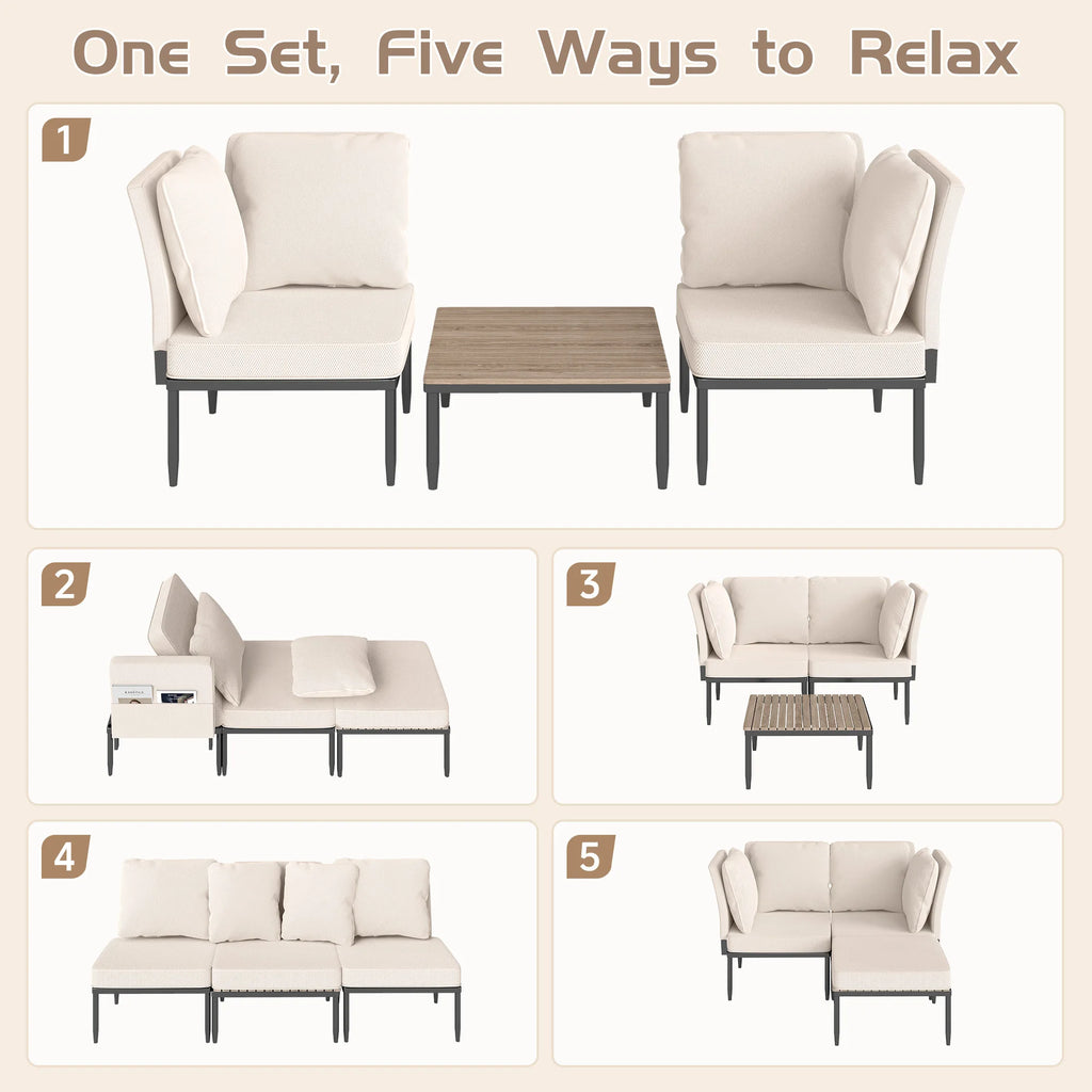 Outdoor Sectional 5 in 1 Aluminum Patio Loveseat with Coffee Table Garden Furniture Set Waterproof Cushion Wicker Sofa