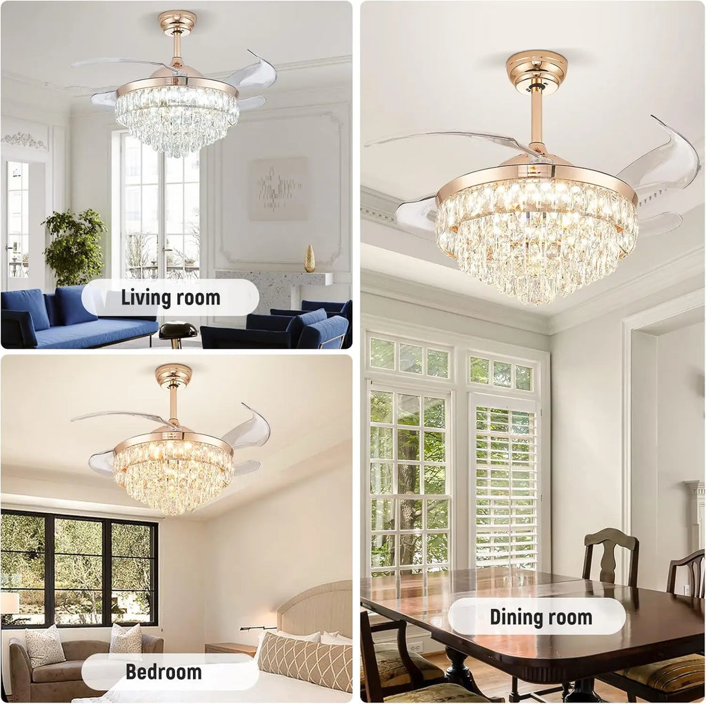 42'' Dimmable Ceiling Fan with Light and Remote Crystal Modern Chandelier Fan Retractable Fandelier with Memory, Silent Motor, 6