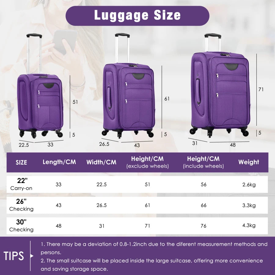 Softside Luggage Expandable 3 Piece Set Suitcase with Duffel Bag Upright Spinner Softshell Lightweight Luggage Travel Set-22/26
