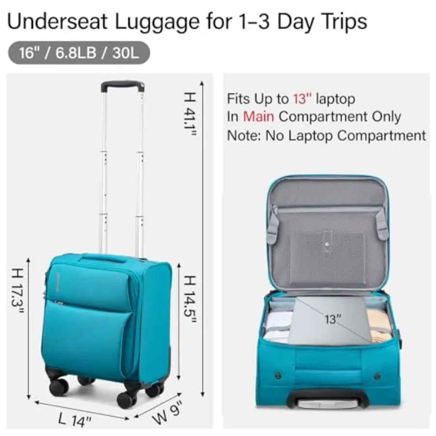 16 Inch Underseat Carry On Luggage with Spinner Wheels for Airline Small Softside TSA Approved Luggage Lightweight Rolling Suit