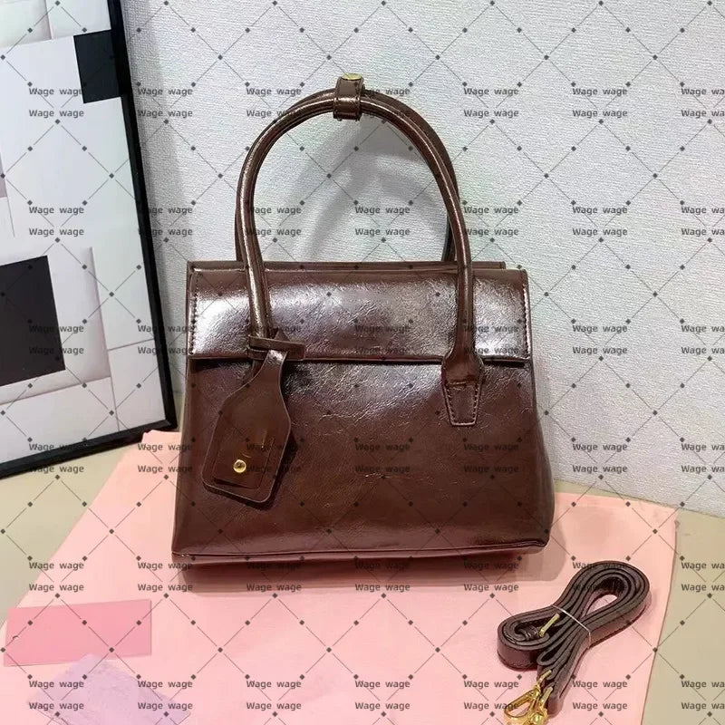 2026 New Designer bag Autumn Winter Distressed Oil Wax Leather Briefcase, Elegant Top-Handle Shoulder Bag, Timeless Sophisticate