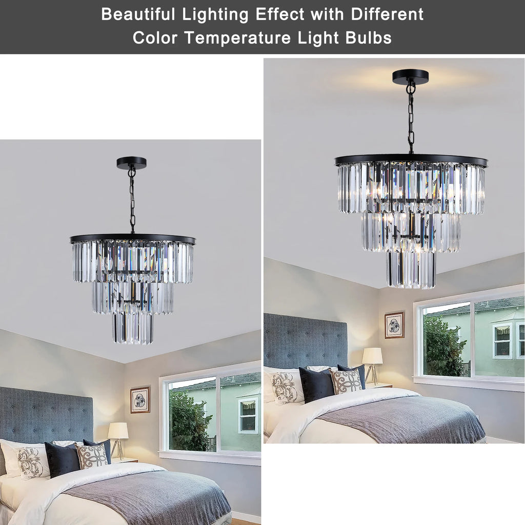 Multi-Finish 3-Tier K9 Crystal Chandelier - 20 Inch  Metal Frame Light, Black  Adjustable Height Rust-Resistant Fixtur