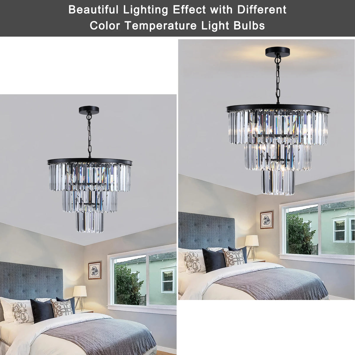 Multi-Finish 3-Tier K9 Crystal Chandelier - 20 Inch  Metal Frame Light, Black  Adjustable Height Rust-Resistant Fixtur