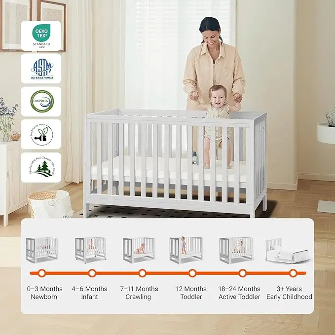 11-In-1 Convertible Mini Cradle to Full Size Crib Removable Wheels 4 Adjustable Heights (WHITE)