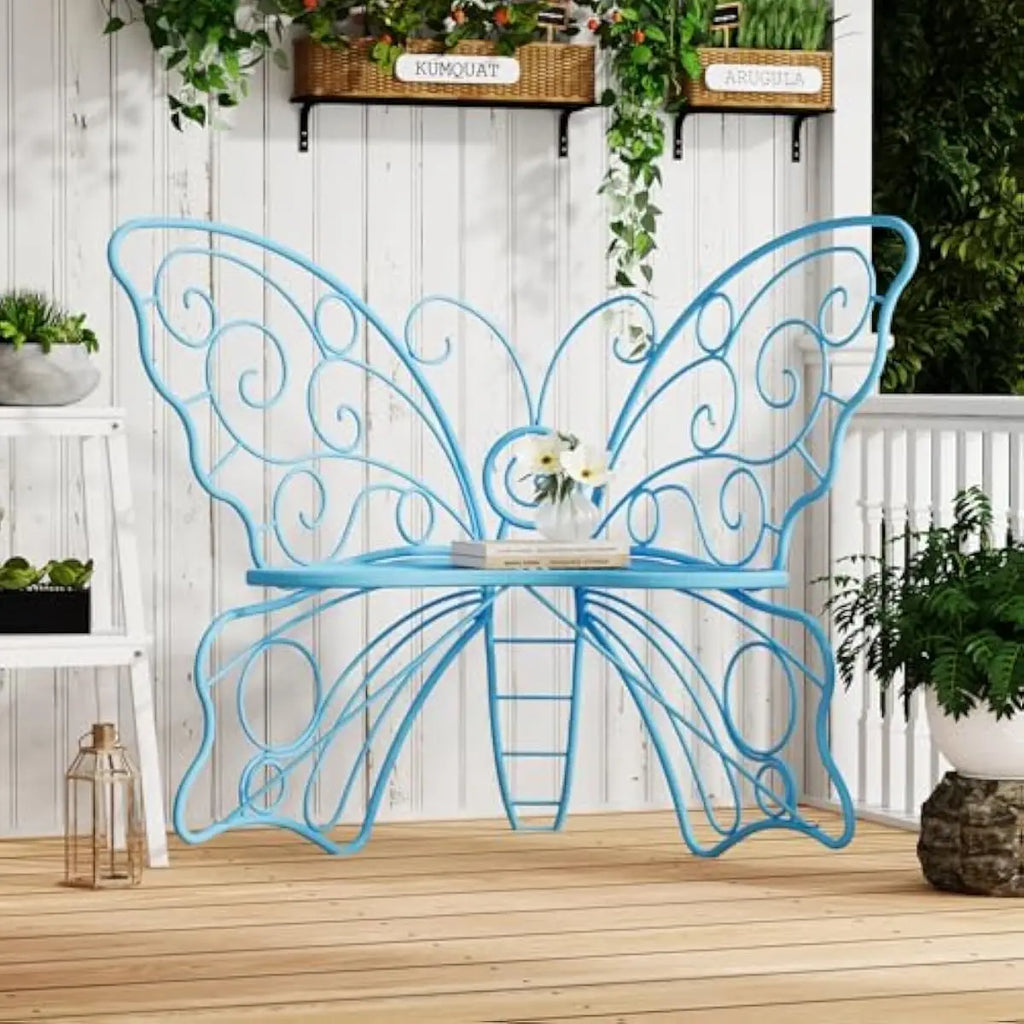 49 Inch Garden Butterfly Bench Featuring Powder-Coated Iron Frame for Outdoor Durability and Indoor Versatility in Vibrant Blue