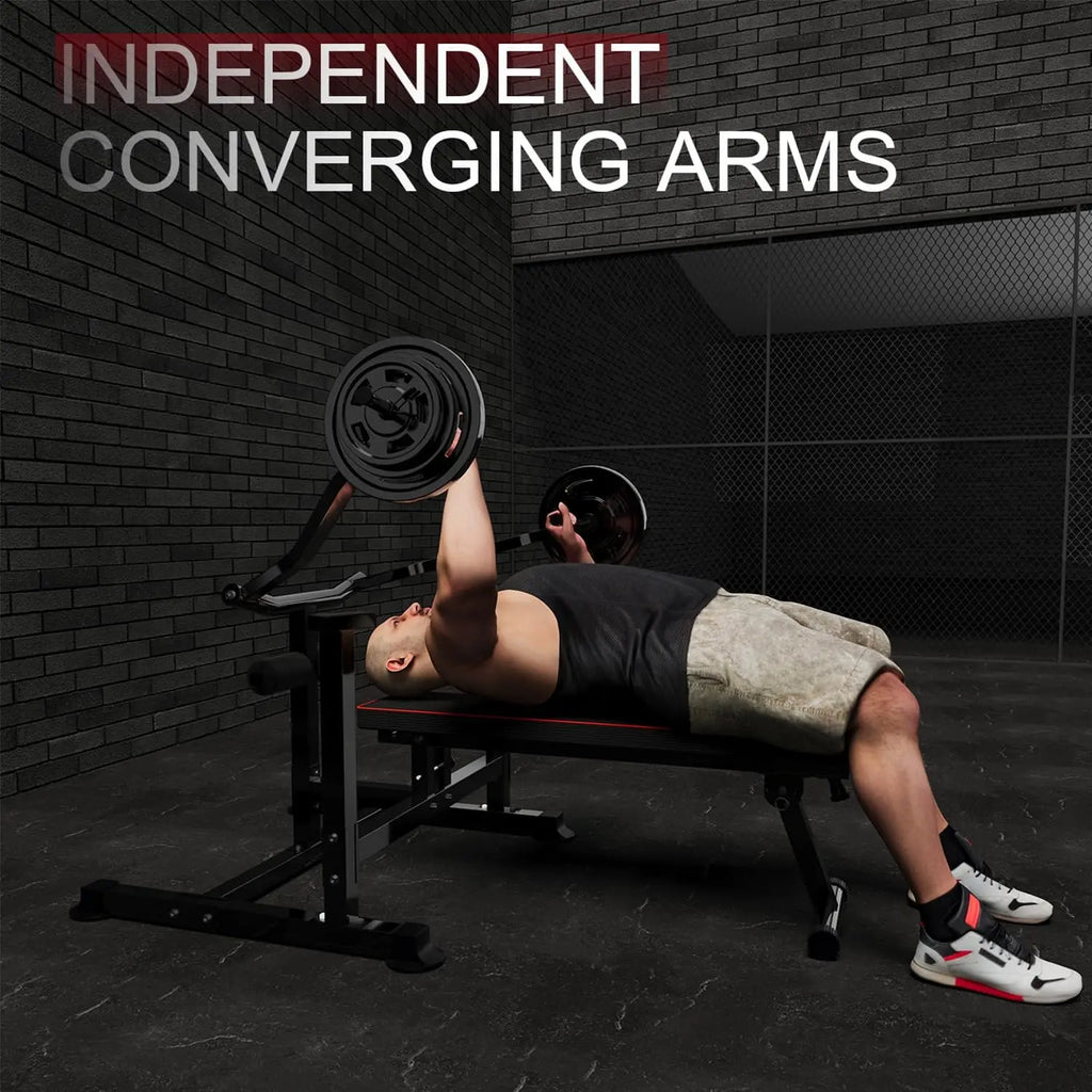 Bench Press Set Chest Press Machine with Independent Converging Arms Adjustable Flat Incline Bench Press with Dumbbell Rack for
