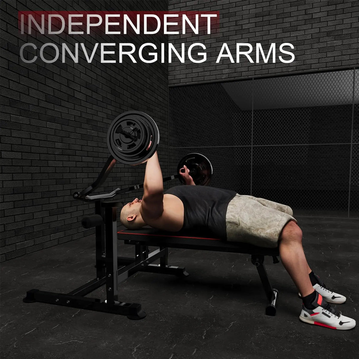 Bench Press Set Chest Press Machine with Independent Converging Arms Adjustable Flat Incline Bench Press with Dumbbell Rack for