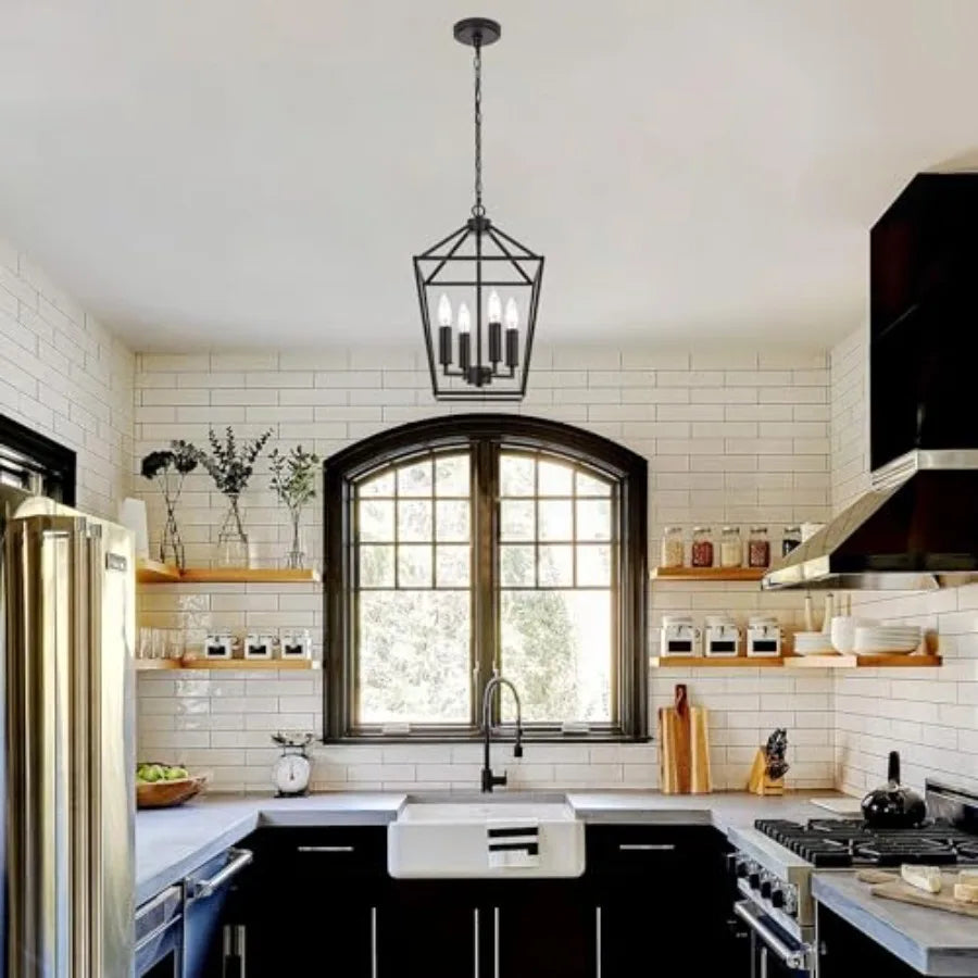 Farmhouse Chandelier in Oil Rubbed Bronze, 4-Light Vintage Openwork Cage Lantern Pendant for Kitchen Island, Dining Room, Entry