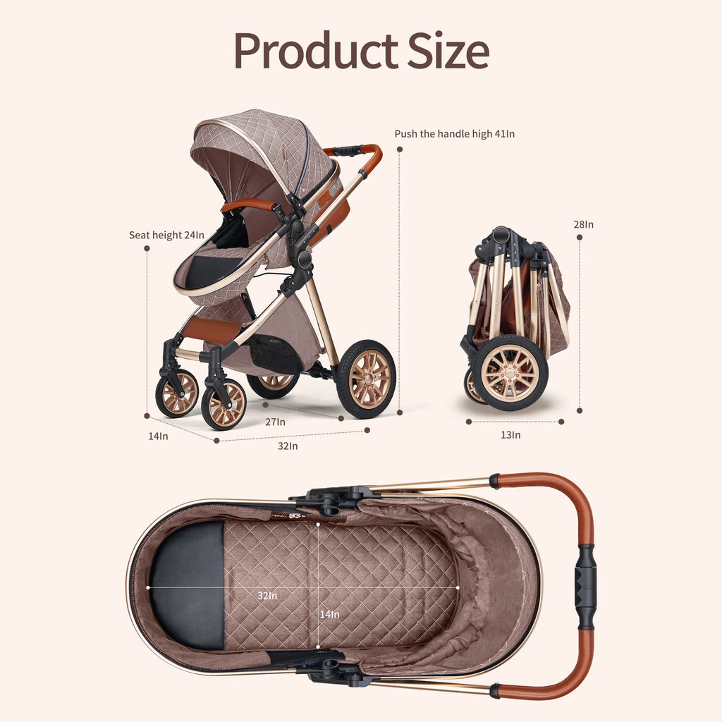 3 in 1 Luxury Pram High Landscape Baby Stroller with Reversible Seat Folding Pushchair for 0-36 Months Kids