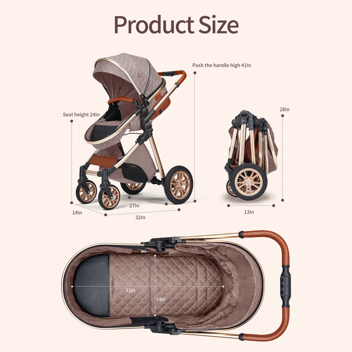 3 in 1 Luxury Pram High Landscape Baby Stroller with Reversible Seat Folding Pushchair for 0-36 Months Kids